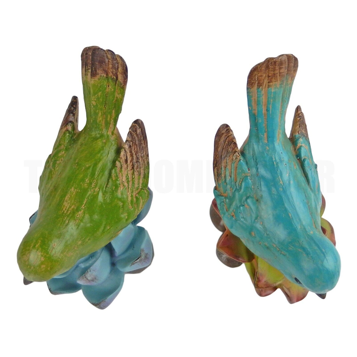 Colorful Perching Birds On Succulent Flower Figurines Hand Painted (Set of 2)