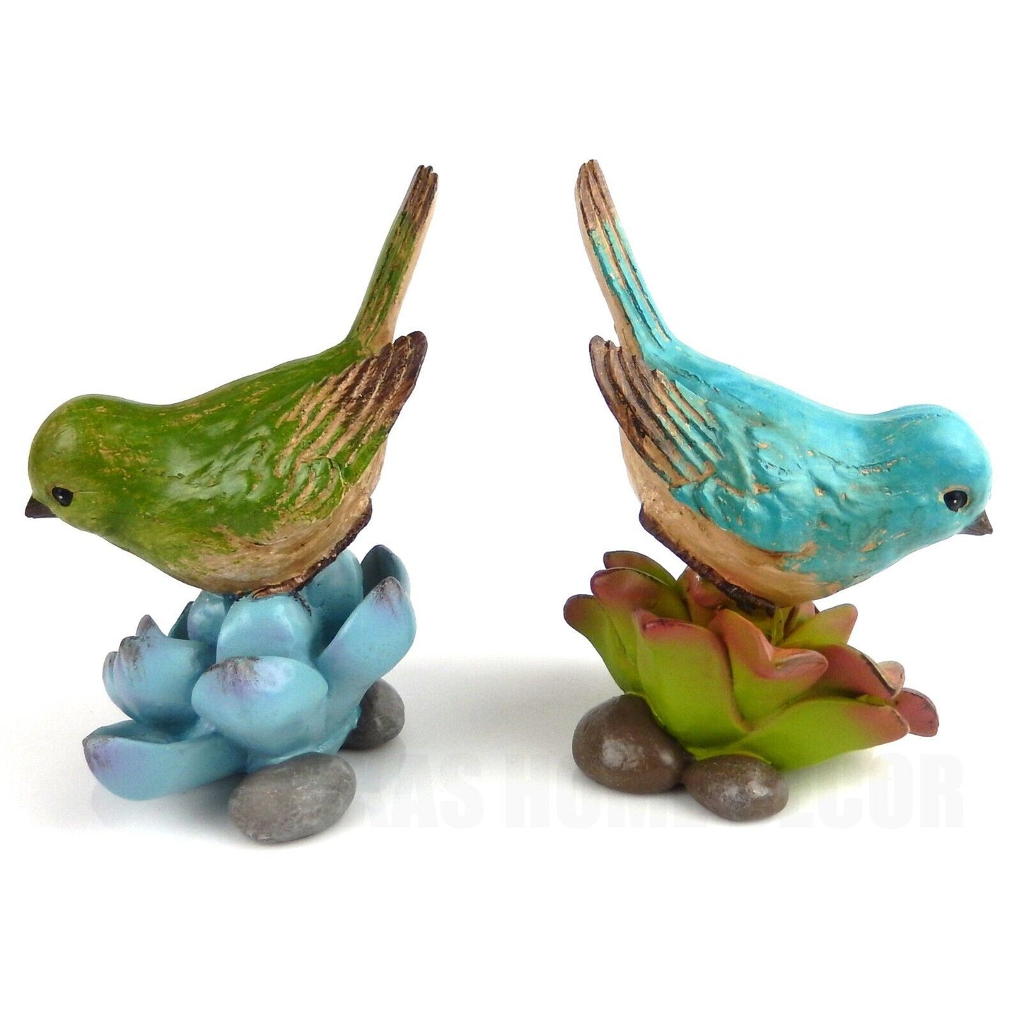 Colorful Perching Birds On Succulent Flower Figurines Hand Painted (Set of 2)