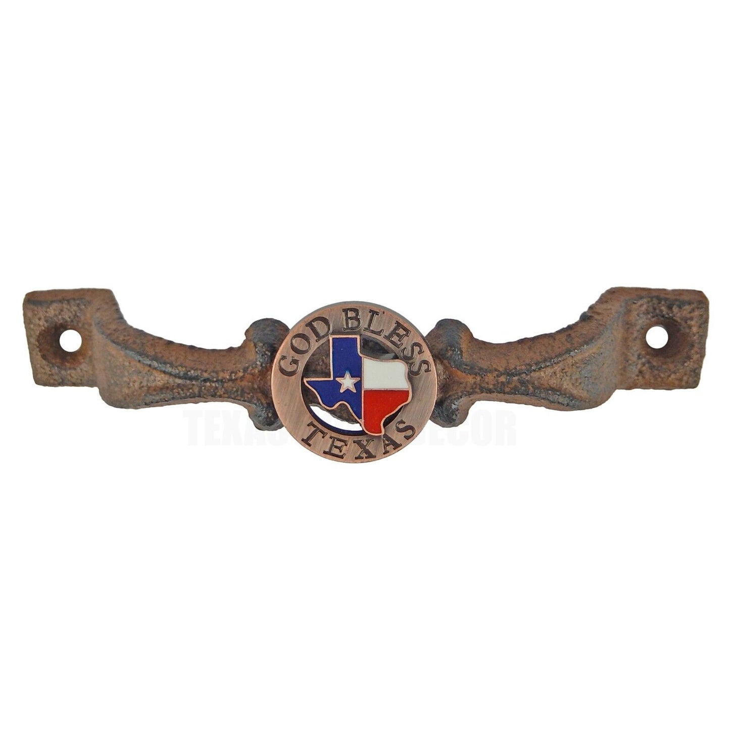Cast Iron Rustic God Bless Texas Door Handle Pull Flag Map Concho 6 inch