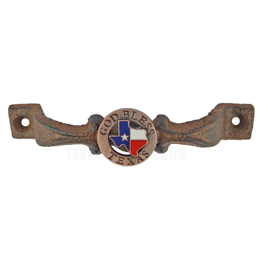 Cast Iron Rustic God Bless Texas Door Handle Pull Flag Map Concho 6 inch