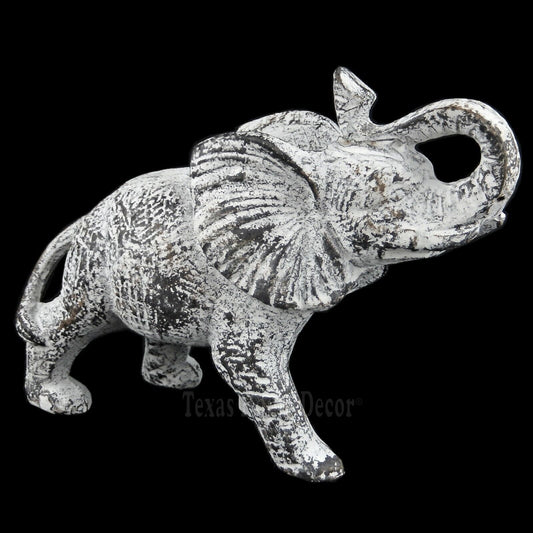 Elephant Figurine Feng Shui Statue Trunk Up Rustic White Cast Iron  5 3/8" Tall