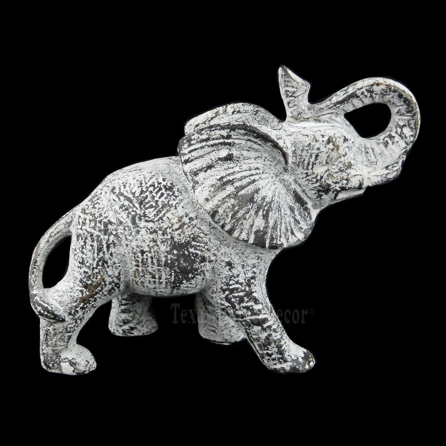Elephant Figurine Feng Shui Statue Trunk Up Rustic White Cast Iron 5 3/8" Tall