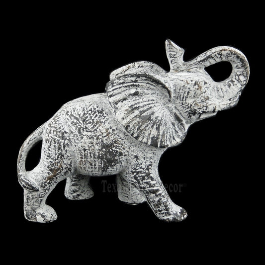 Elephant Figurine Feng Shui Statue Trunk Up Rustic White Cast Iron  5 3/8" Tall