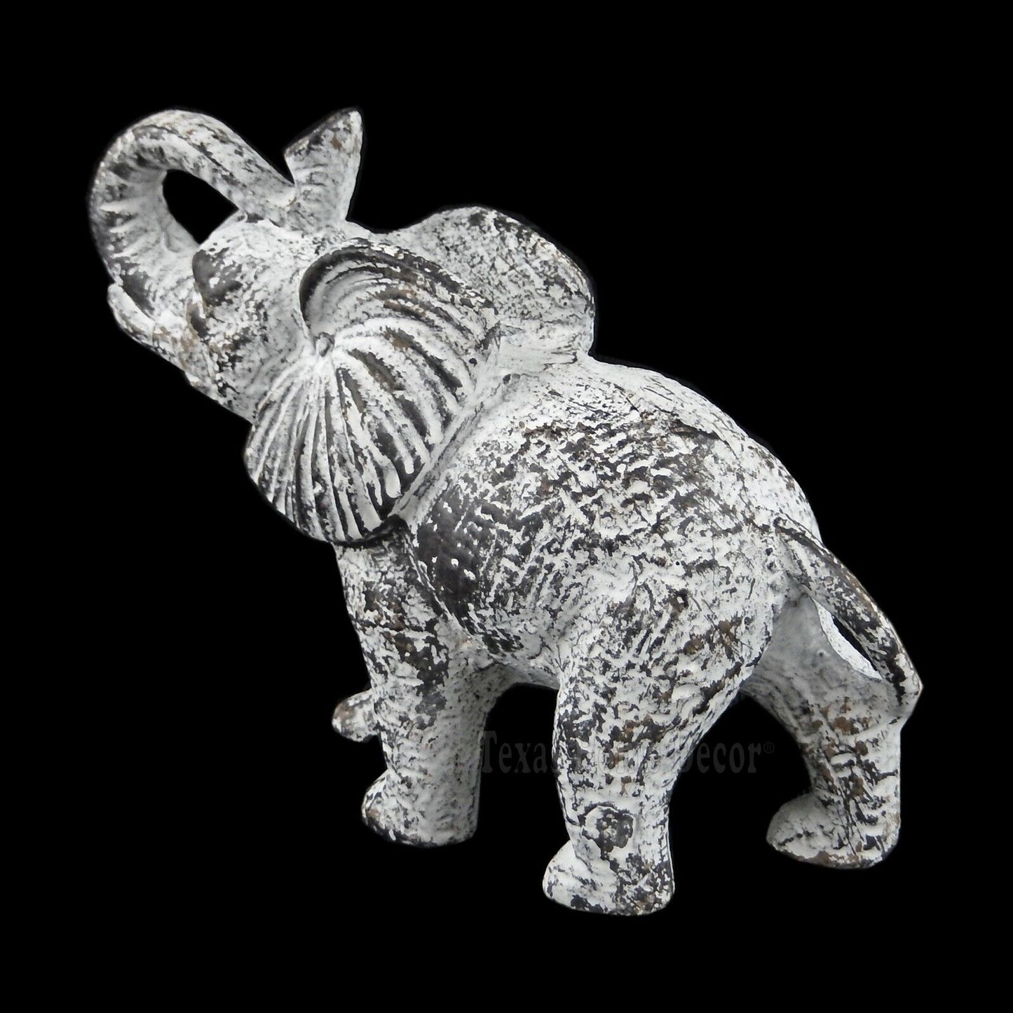 Elephant Figurine Feng Shui Statue Trunk Up Rustic White Cast Iron 5 3/8" Tall
