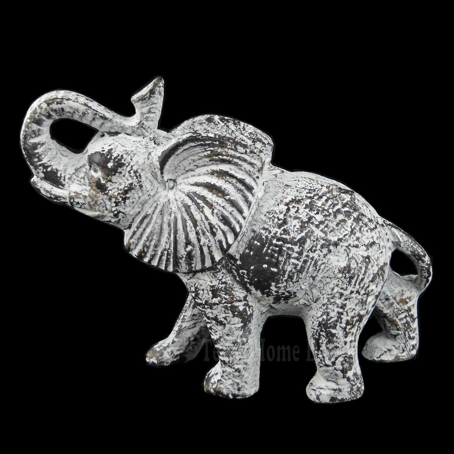 Elephant Figurine Feng Shui Statue Trunk Up Rustic White Cast Iron 5 3/8" Tall