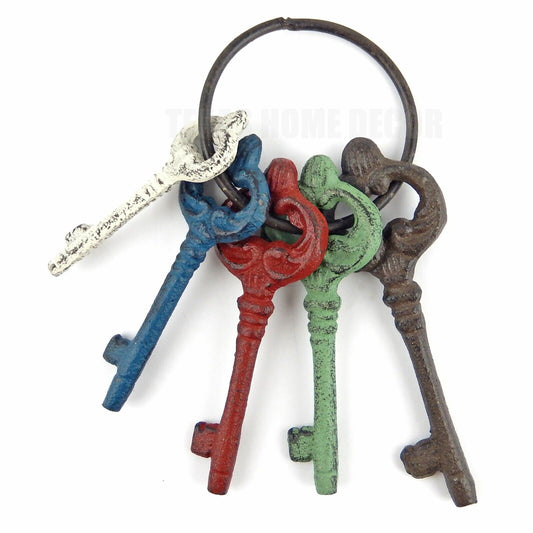 Cast Iron Jailer's Keys on Ring Set of 5 Church Skeleton Antiqued Rustic Colors