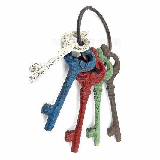 Cast Iron Jailer's Keys on Ring Set of 5 Church Skeleton Antiqued Rustic Colors