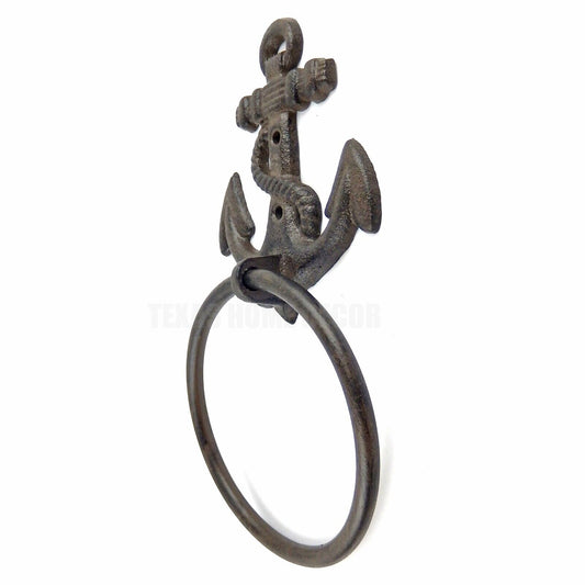 Anchor Towel Ring Hanger Cast Iron Rustic Nautical Beach Decor Brown