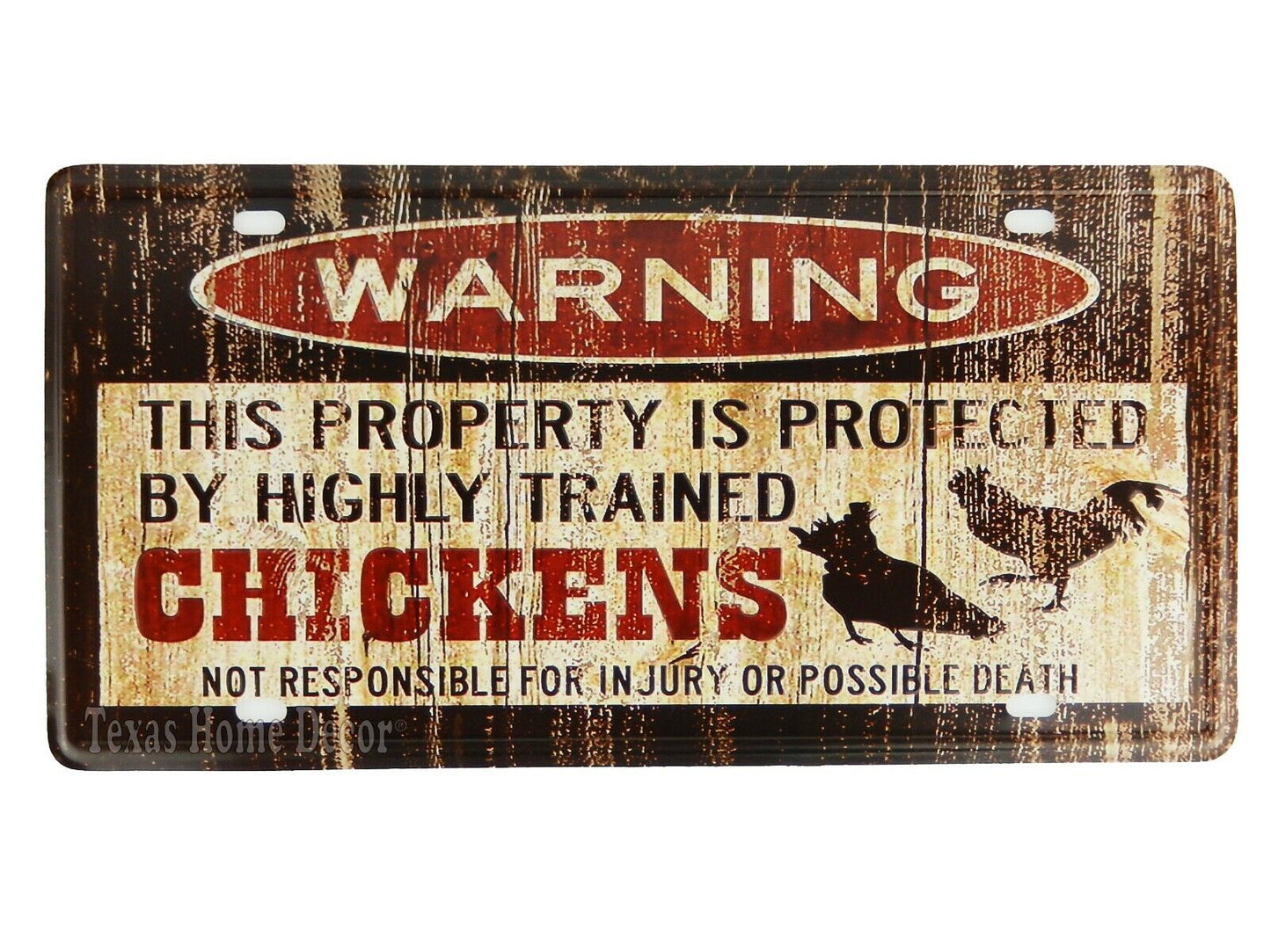 Warning Sign License Plate Metal Property Protected By Highly Trained Chickens