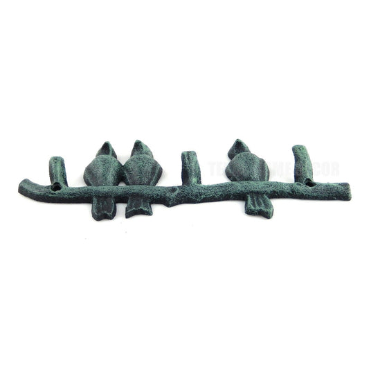 Perched Birds On Branch Wall Hook Rack Cast Iron Coat Towel Key Hanger Green