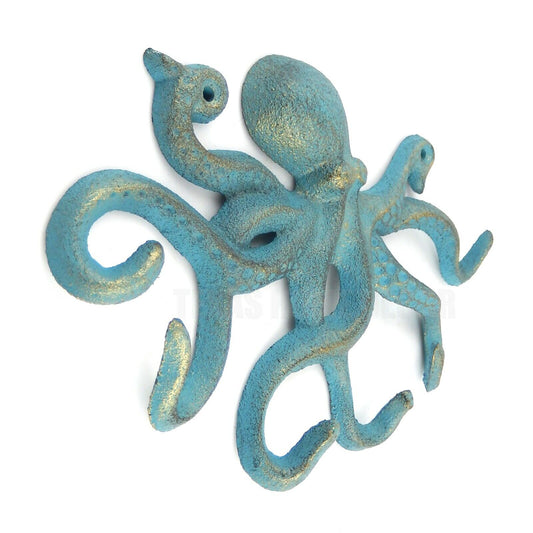 Octopus Wall Hooks Coat Hanger Key Rack Coastal Beach Green Verdigris Cast Iron