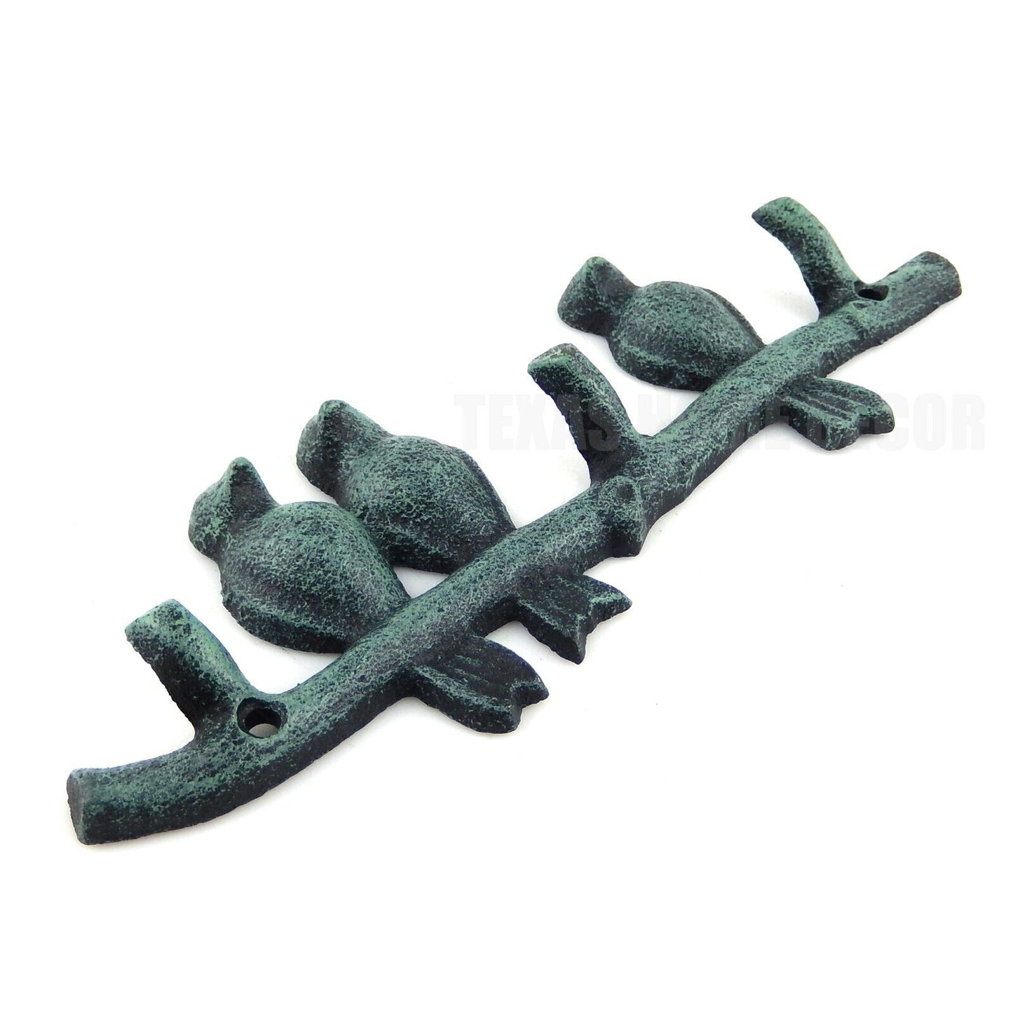 Perched Birds On Branch Wall Hook Rack Cast Iron Coat Towel Key Hanger Green