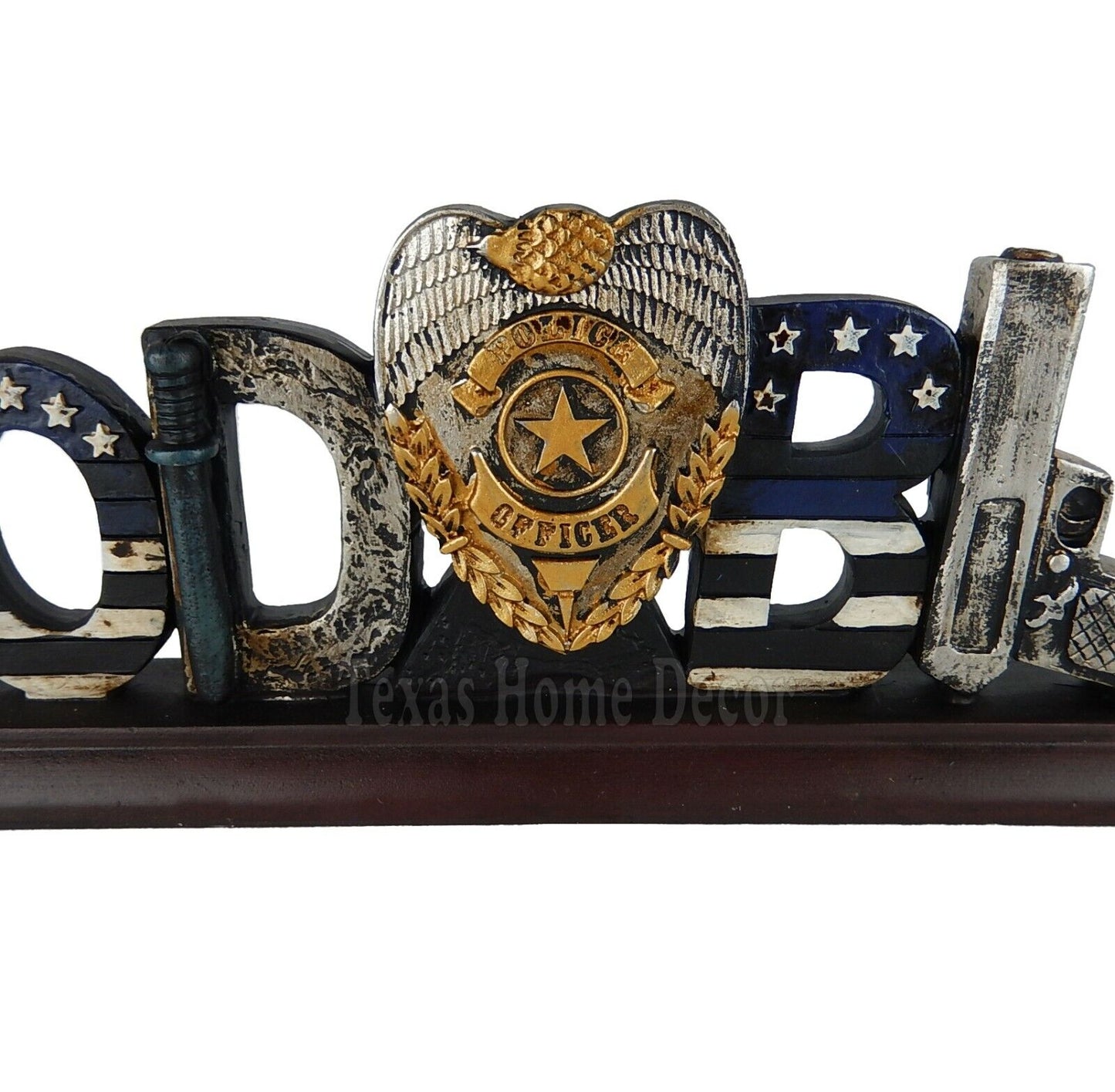 God Bless Police Tabletop Plaque Sign Stars and Stripes Gun Police Badge Cap