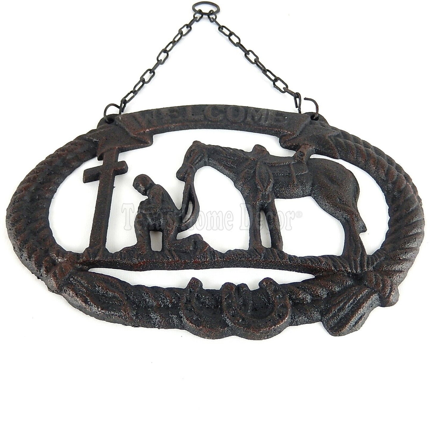 Praying Cowboy Welcome Sign Plaque Cast Iron Rustic Western Horseshoes Rope