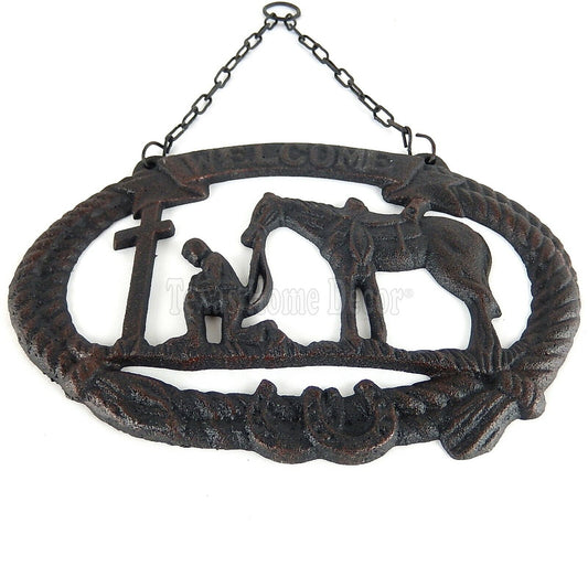 Praying Cowboy Welcome Sign Plaque Cast Iron Rustic Western Horseshoes Rope