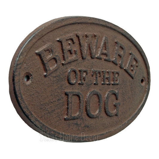 Beware of The Dog Fence Sign Cast Iron Oval Plaque Rustic Finish Heavy Duty 6.5"