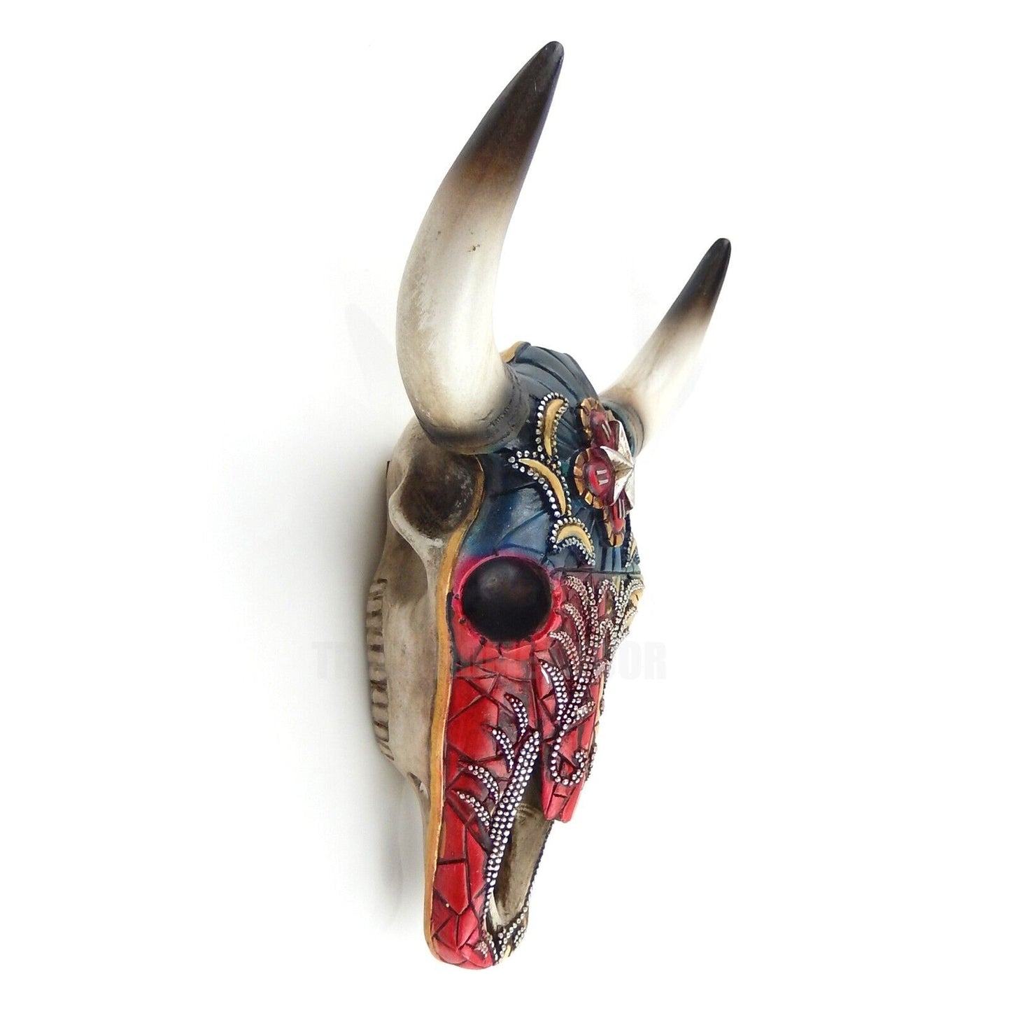 Texas Flag Star Adorned Faux Cow Skull Wall Mount Plaque Silver Paisley Accents