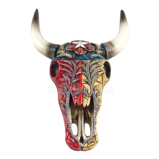 Texas Flag Star Adorned Faux Cow Skull Wall Mount Plaque Silver Paisley Accents
