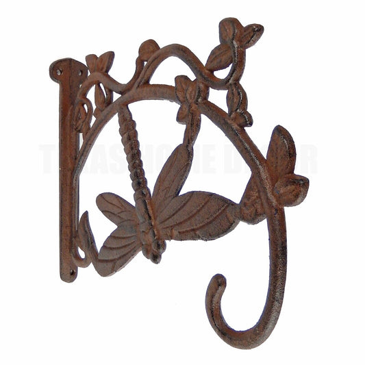 Cast Iron Dragonfly Wall Bracket Plant Hanger Basket Hook Vines Rustic Brown 11"