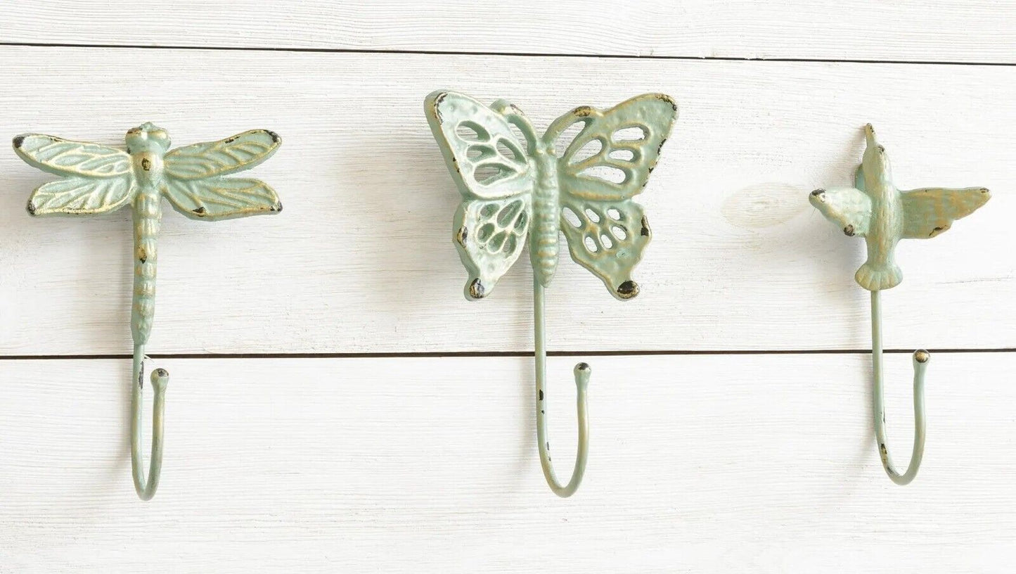 3 Pcs Butterfly Hummingbird Dragonfly Wall Hooks Coat Towel Key Hanger Cast Iron