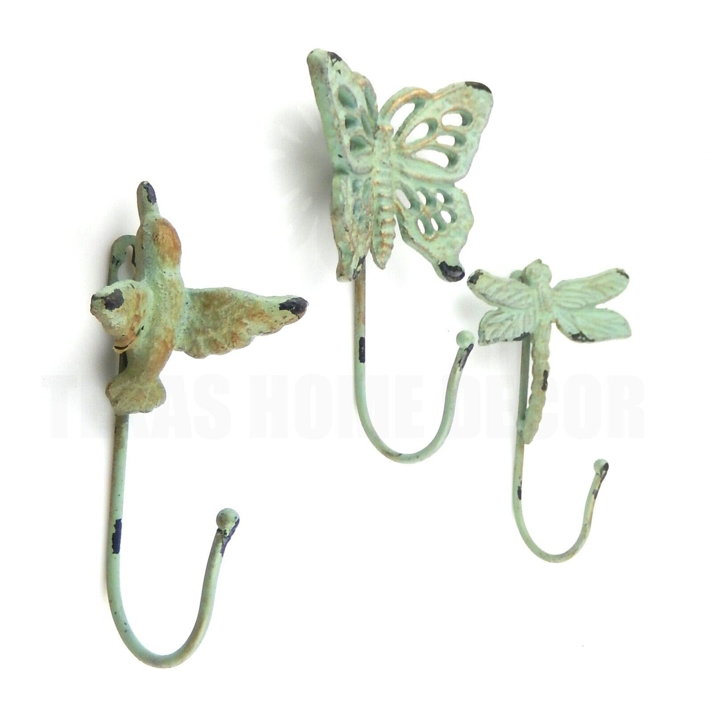 3 Pcs Butterfly Hummingbird Dragonfly Wall Hooks Coat Towel Key Hanger Cast Iron