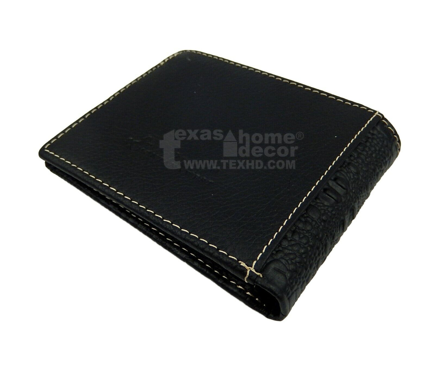 Western Bi-Fold Men's Wallet Genuine Hand Tooled Leather Crocodile Texture Black