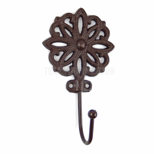 Flower Medallion Wall Hook Cast Iron Key Towel Coat Leash Hanger Brown Finish