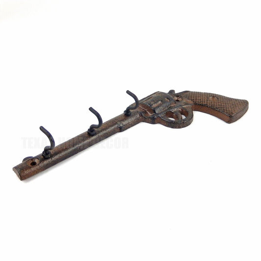 Gun Pistol Revolver Wall Hook Key Rack Cast Iron Rustic Western Brown Patina