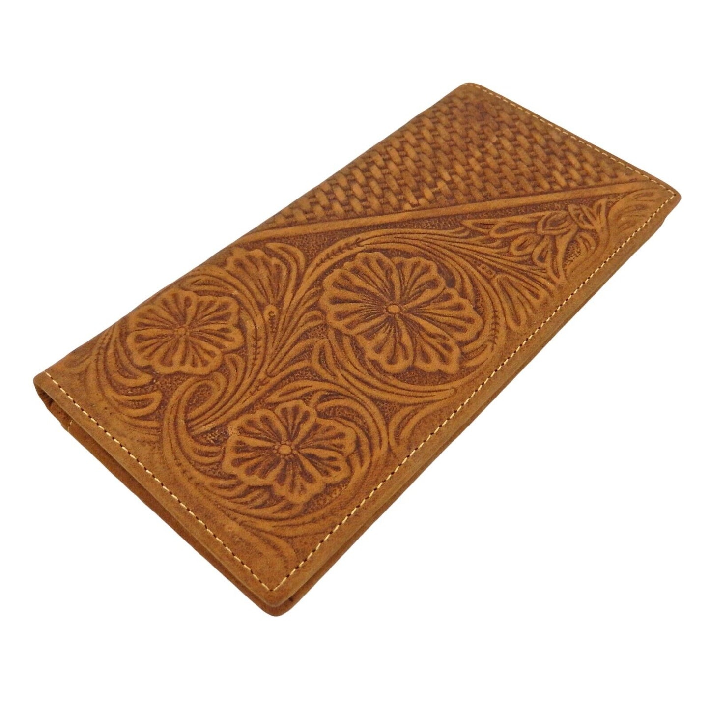 Brown Floral Tooled Leather Bi-Fold Rodeo Wallet Woven Pattern 13 Cards Cash ID
