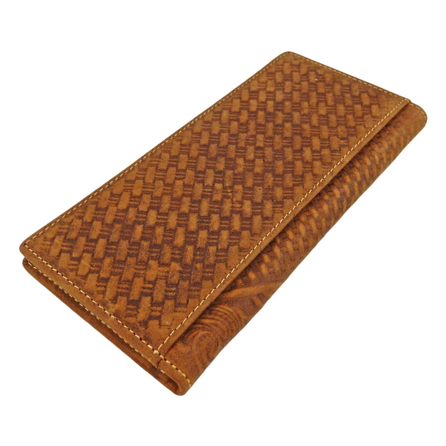 Brown Floral Tooled Leather Bi-Fold Rodeo Wallet Woven Pattern 13 Cards Cash ID