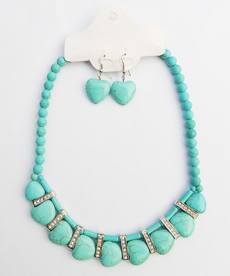 Western Hearts Turquoise Silver Necklace Earring Set Embedded Stones Adjustable