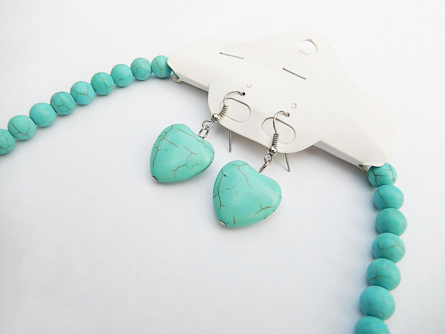 Western Hearts Turquoise Silver Necklace Earring Set Embedded Stones Adjustable
