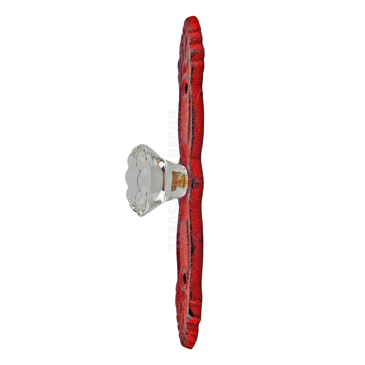 Cast Iron Victorian Wall Hook with Glass Knob Drawer Pull Rustic Red 6 1/4"