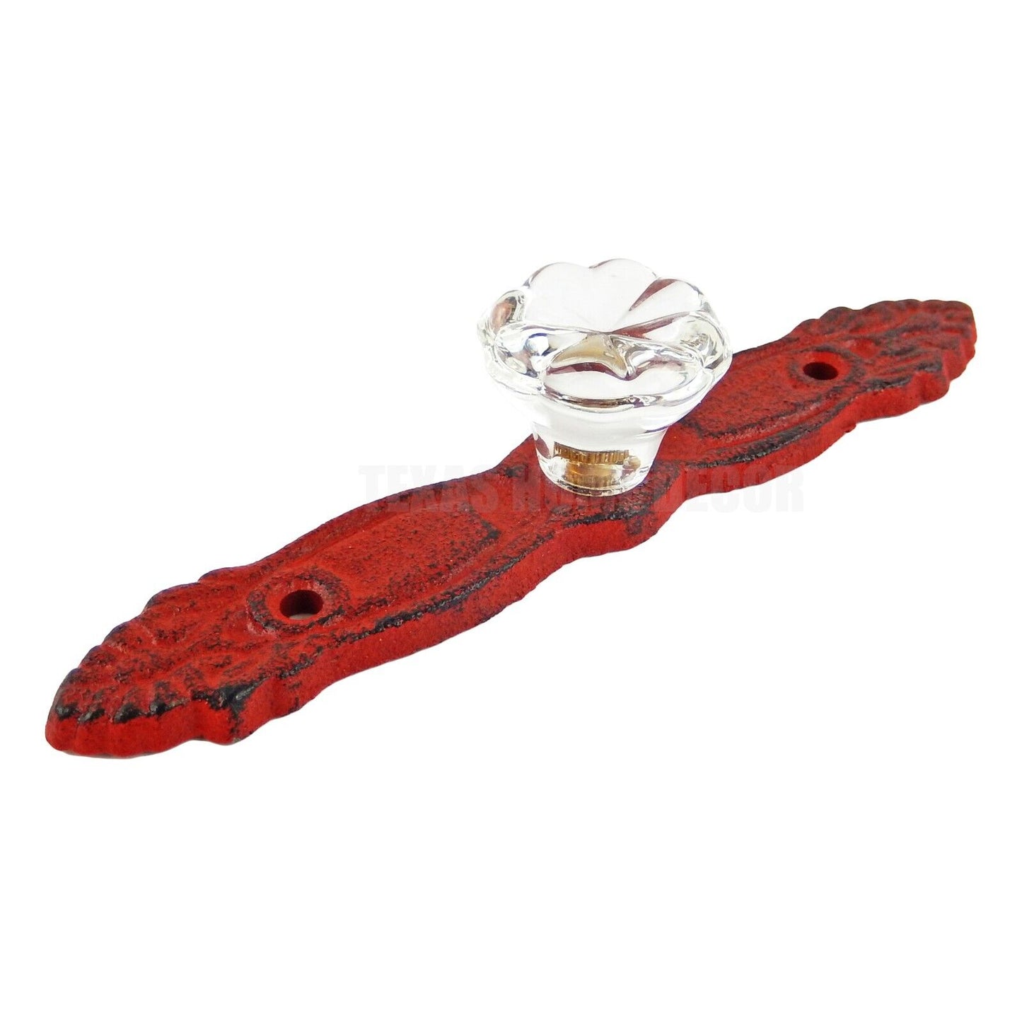 Cast Iron Victorian Wall Hook with Glass Knob Drawer Pull Rustic Red 6 1/4"