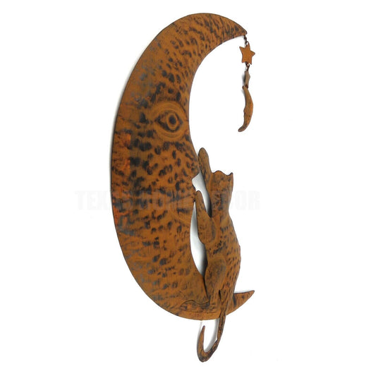Cat Sitting on Moon with Dangling Charms Metal Wall Decor Rustic Brown Light Weight 18 1/2 Inches