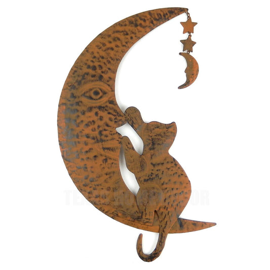 Cat Sitting on Moon with Dangling Charms Metal Wall Decor Rustic Brown Light Weight 18 1/2 Inches