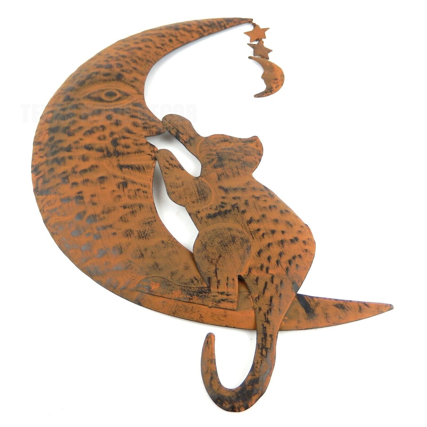 Cat Sitting on Moon with Dangling Charms Metal Wall Decor Rustic Brown Light Weight 18 1/2 Inches