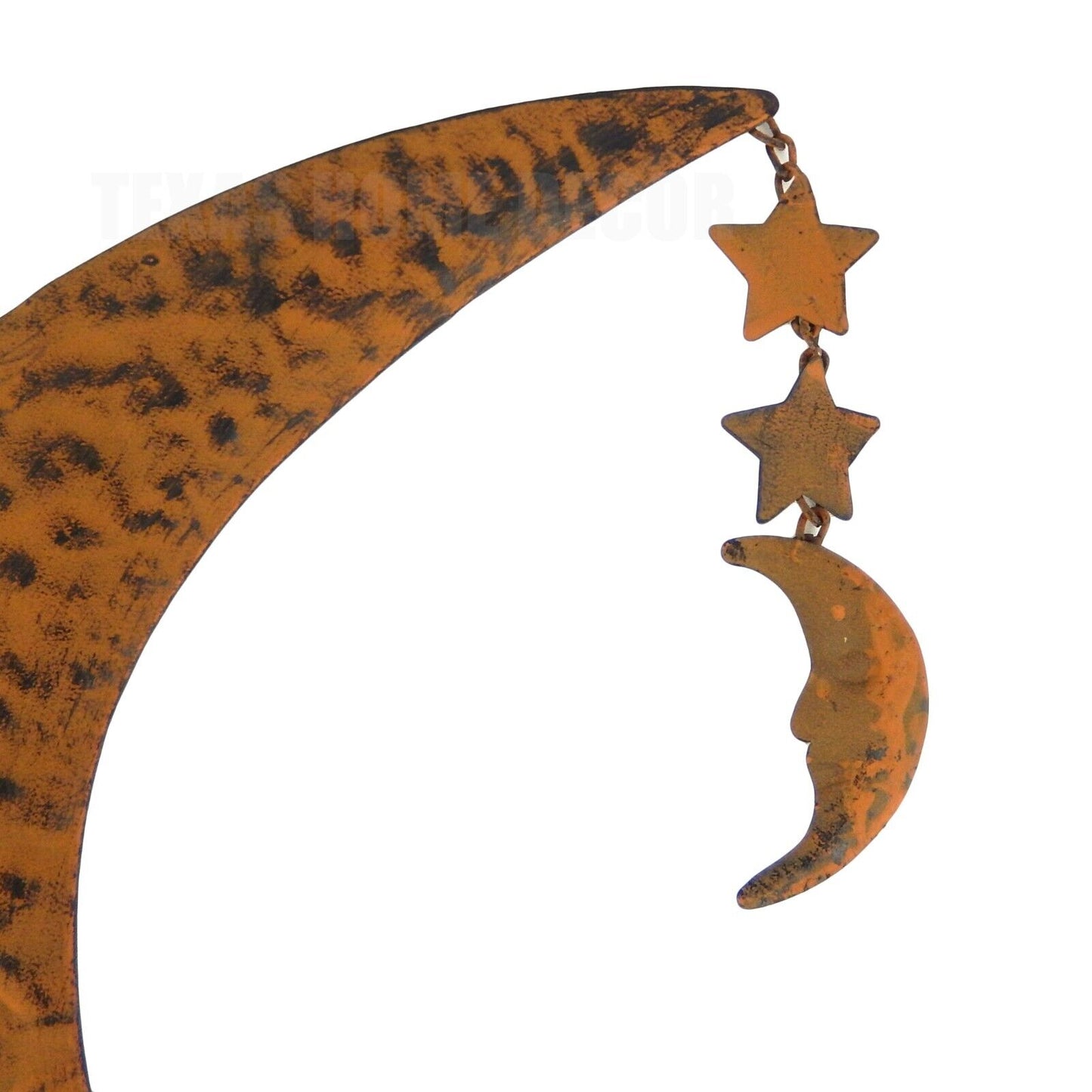 Cat Sitting on Moon with Dangling Charms Metal Wall Decor Rustic Brown Light Weight 18 1/2 Inches