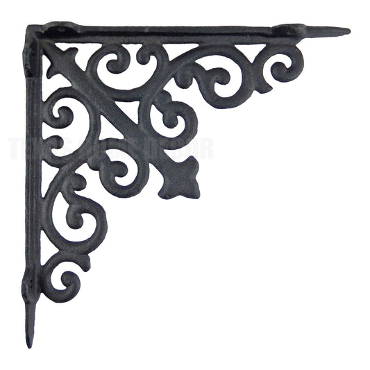 2 Cast Iron Fleur De Lis Shelf Brackets Scrolls Victorian Style Antique Black 8"
