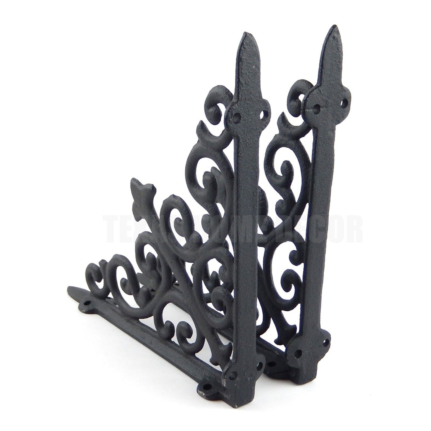 2 Cast Iron Fleur De Lis Shelf Brackets Scrolls Victorian Style Antique Black 8"