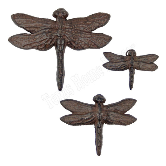 Set of 3 Dragonflies Wall Decor Cast Iron Garden Yard Figurines Rustic Finish