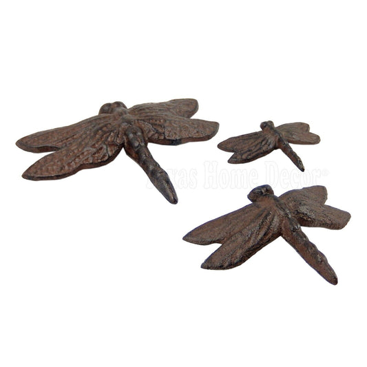 Set of 3 Dragonflies Wall Decor Cast Iron Garden Yard Figurines Rustic Finish