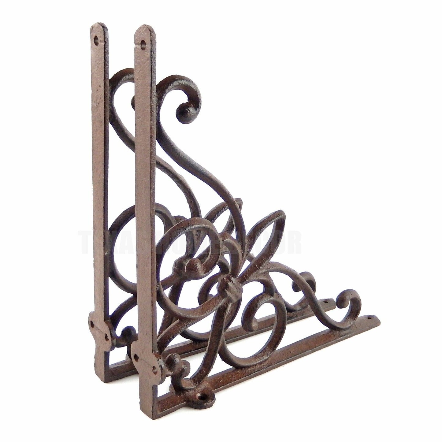 2 Large Fleur De Lis Scrolls Shelf Brackets Cast Iron Antique Style Rustic 9.5"