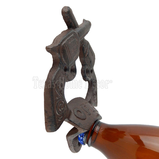 Crossed Guns Bottle Opener Rustic Cast Iron Wall Mount Western Antique Style