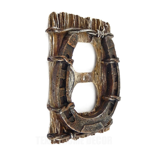 Horseshoe Barbed Wire Outlet Plug Plate Cover Rustic Western Faux Wood Look