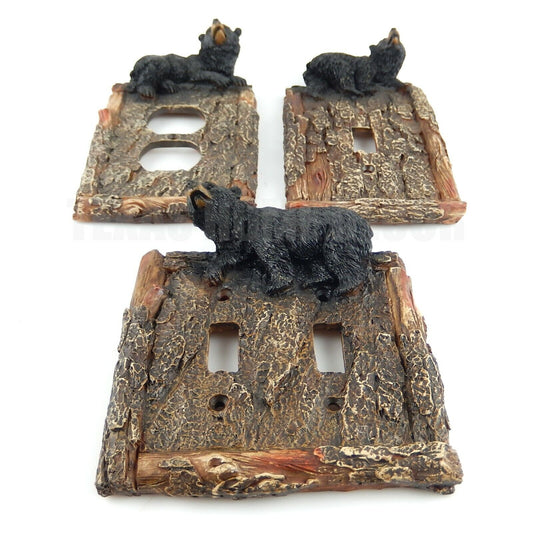 Black Bear Switch Plate Wall Cover Outlet Plug Single Double Toggle Wood Look