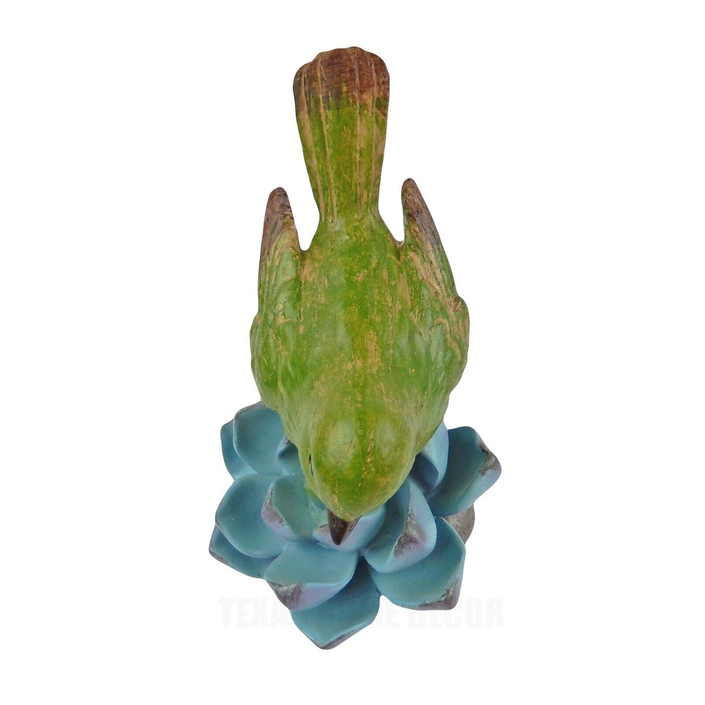 Colorful Green Perching Bird On Succulent Flower Figurine Hand Painted Resin