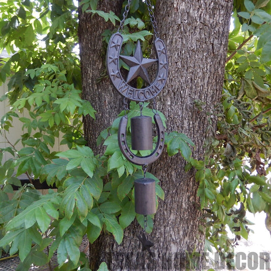 Metal Lucky Horseshoes Stars Welcome Wind Chime Rustic Western Porch Decor