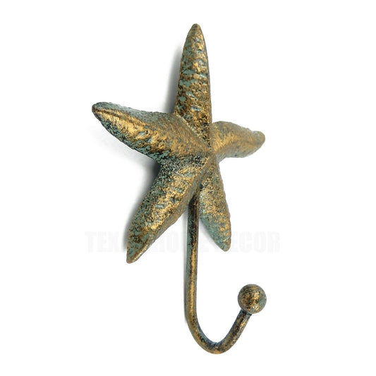 Starfish Wall Hook Cast Iron Key Towel Coat Hanger Aged Green Bronze Look 4 7/8"
