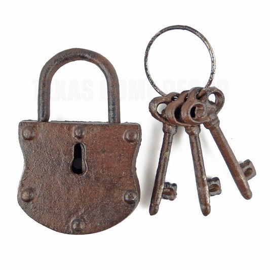 Iron Padlock With 3 Jailers Skeleton Keys On A Ring Decorative Antique Style
